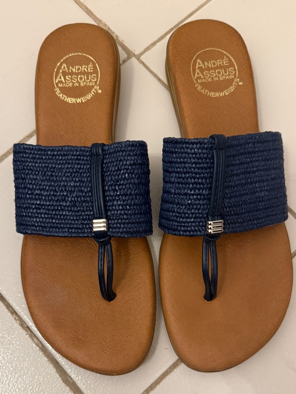 ANDRÉ ASSOUS Women’s Nice Woven Featherweights Navy Raffia Thong Sandals Size 9M